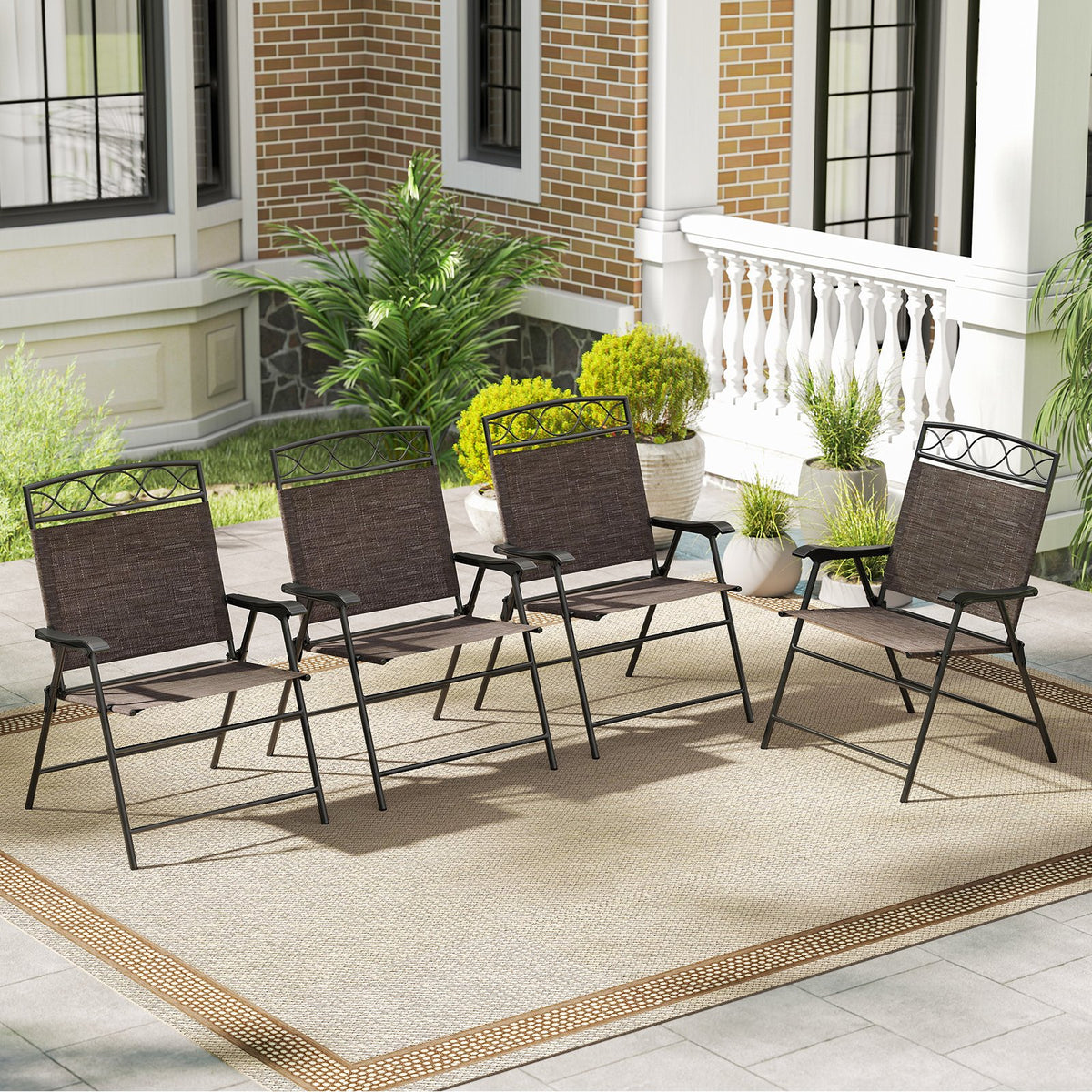 Set of 4 Patio Folding Chairs Set Dining Chairs with Armrests-Brown view 2