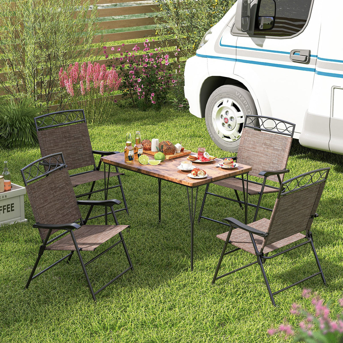Set of 4 Patio Folding Chairs Set Dining Chairs with Armrests-Brown view 3
