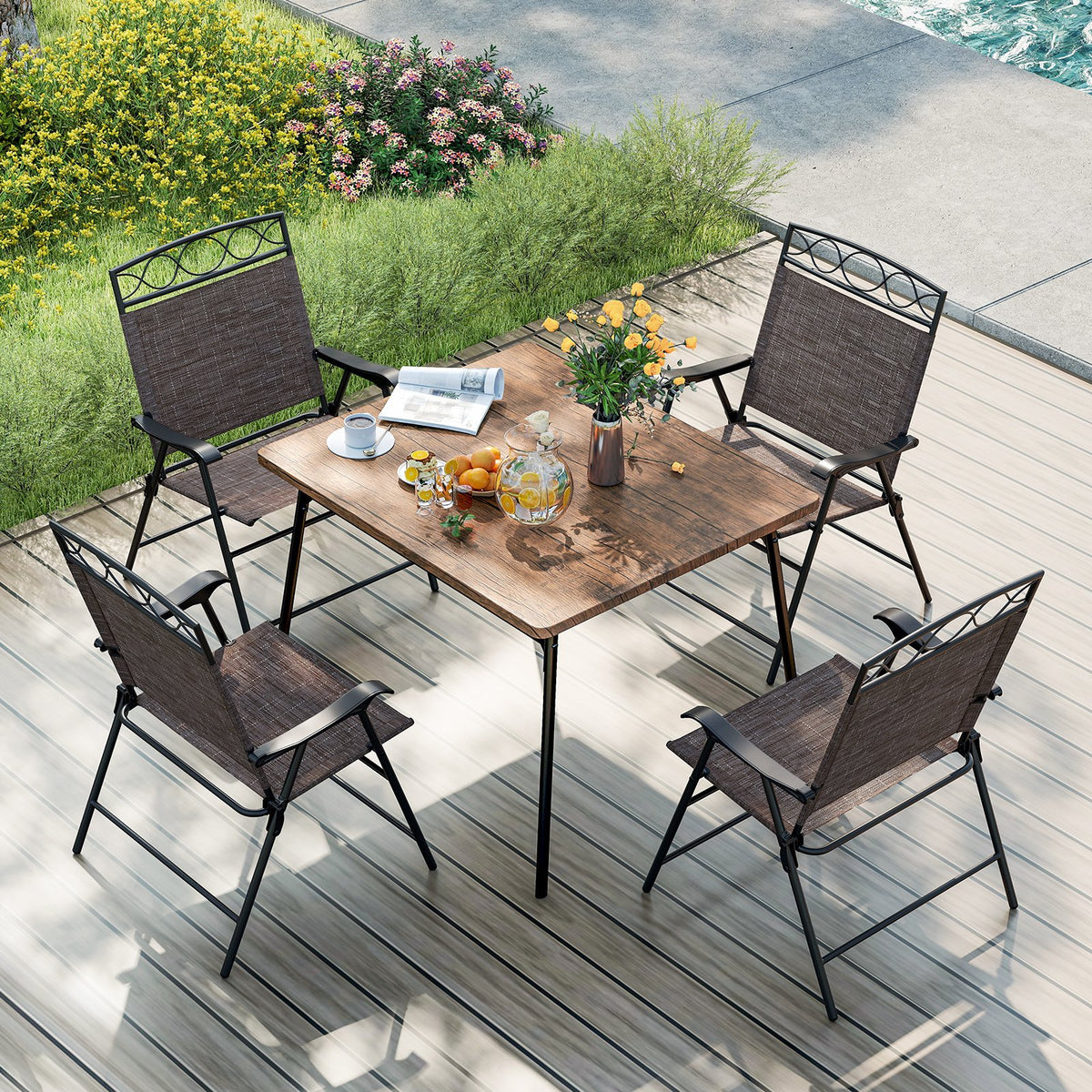 Set of 4 Patio Folding Chairs Set Dining Chairs with Armrests-Brown view 5