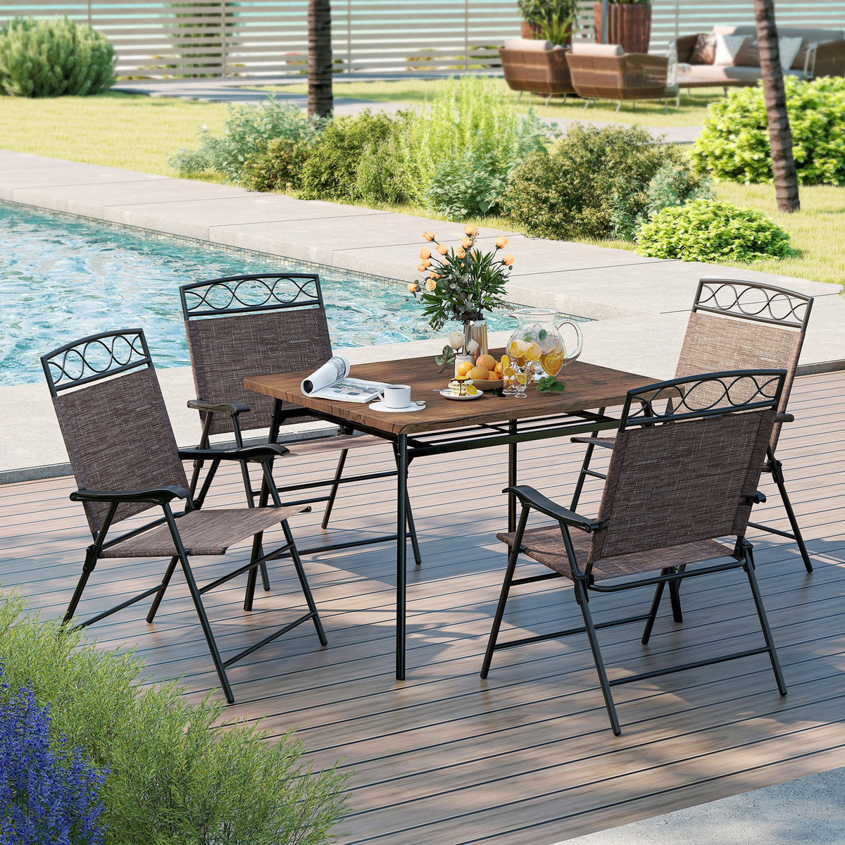 Set of 4 Patio Folding Chairs Set Dining Chairs with Armrests-Brown view 6