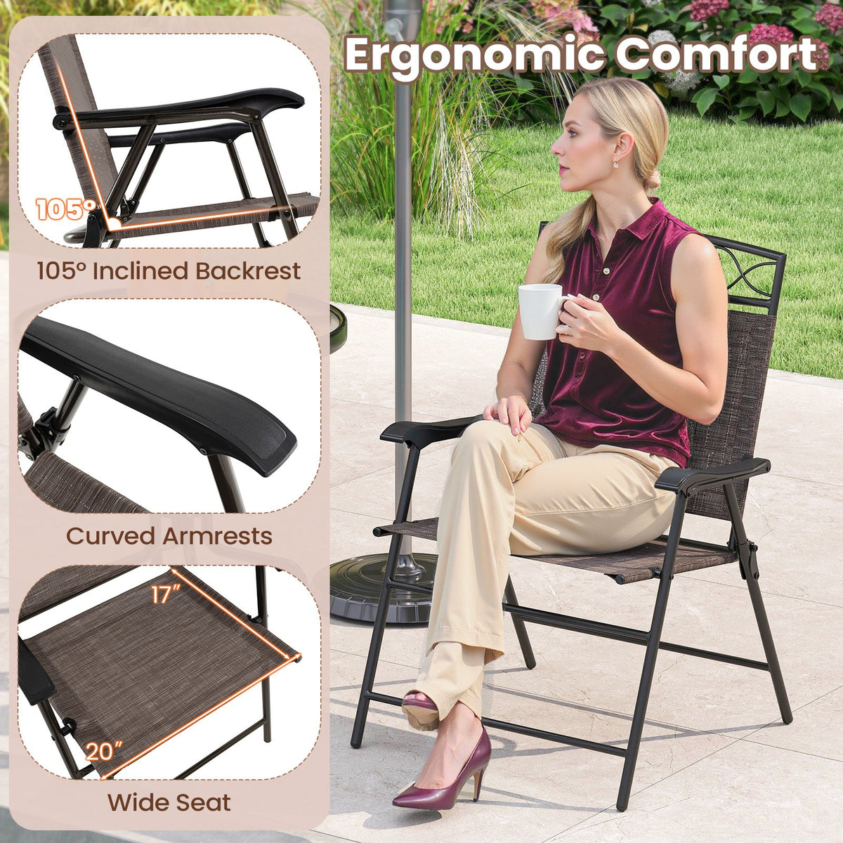 Set of 4 Patio Folding Chairs Set Dining Chairs with Armrests-Brown view 9