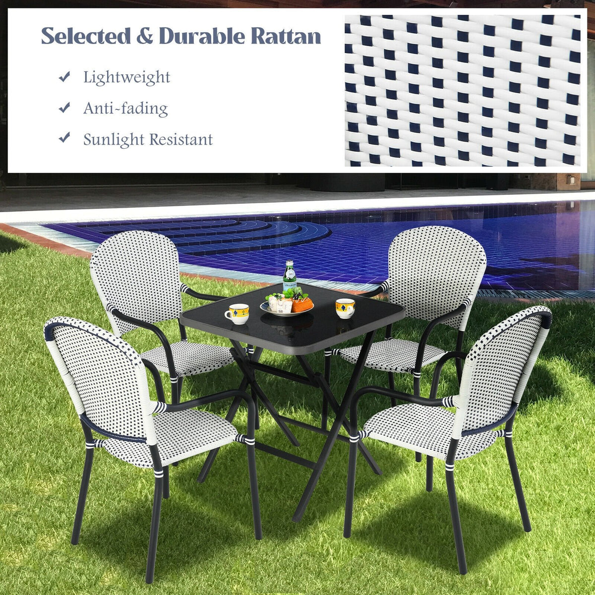 Set of 4 Patio Rattan Stackable Dining Chair with, Armrest for Garden-White view 3