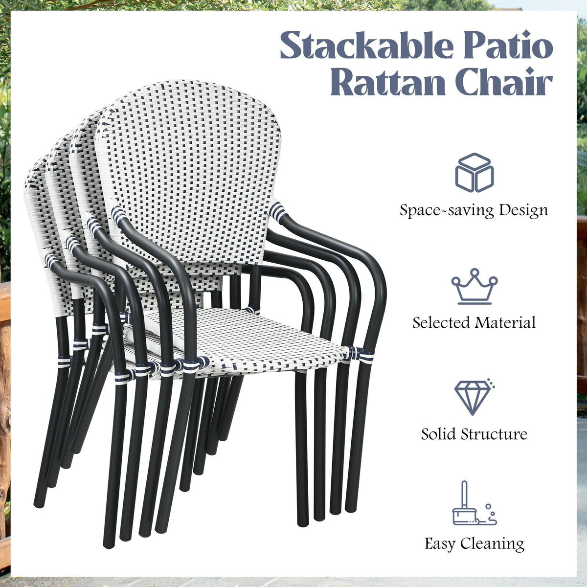Set of 4 Patio Rattan Stackable Dining Chair with, Armrest for Garden-White view 5