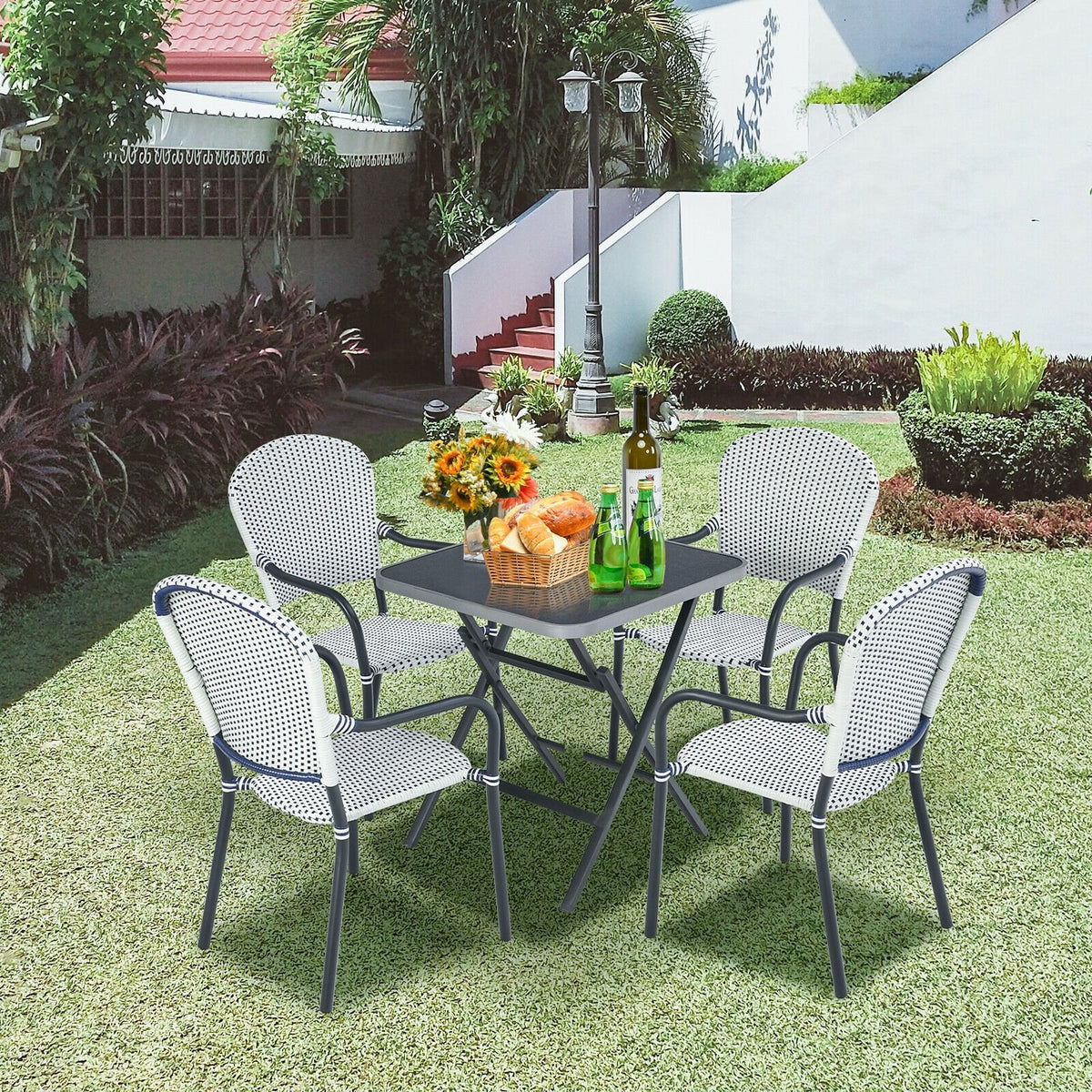 Set of 4 Patio Rattan Stackable Dining Chair with, Armrest for Garden-White view 6