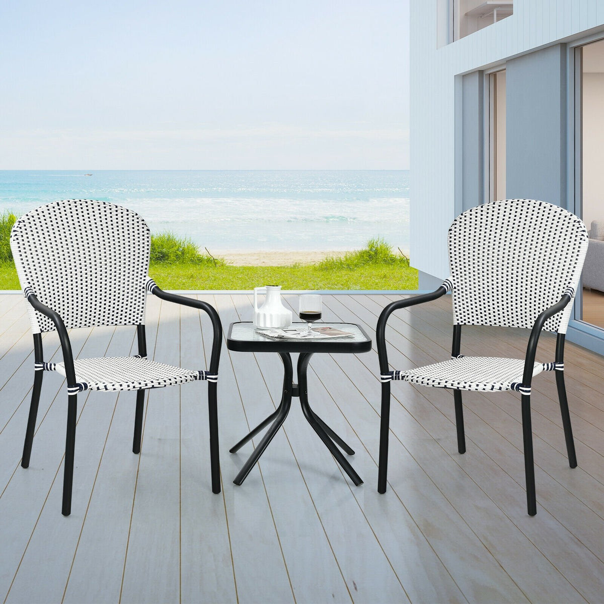 Set of 4 Patio Rattan Stackable Dining Chair with, Armrest for Garden-White view 7