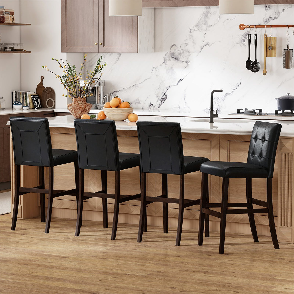 Set of 4 PVC Dining Leather Bar Stools with Solid Wood Legs-24 icnh view 3