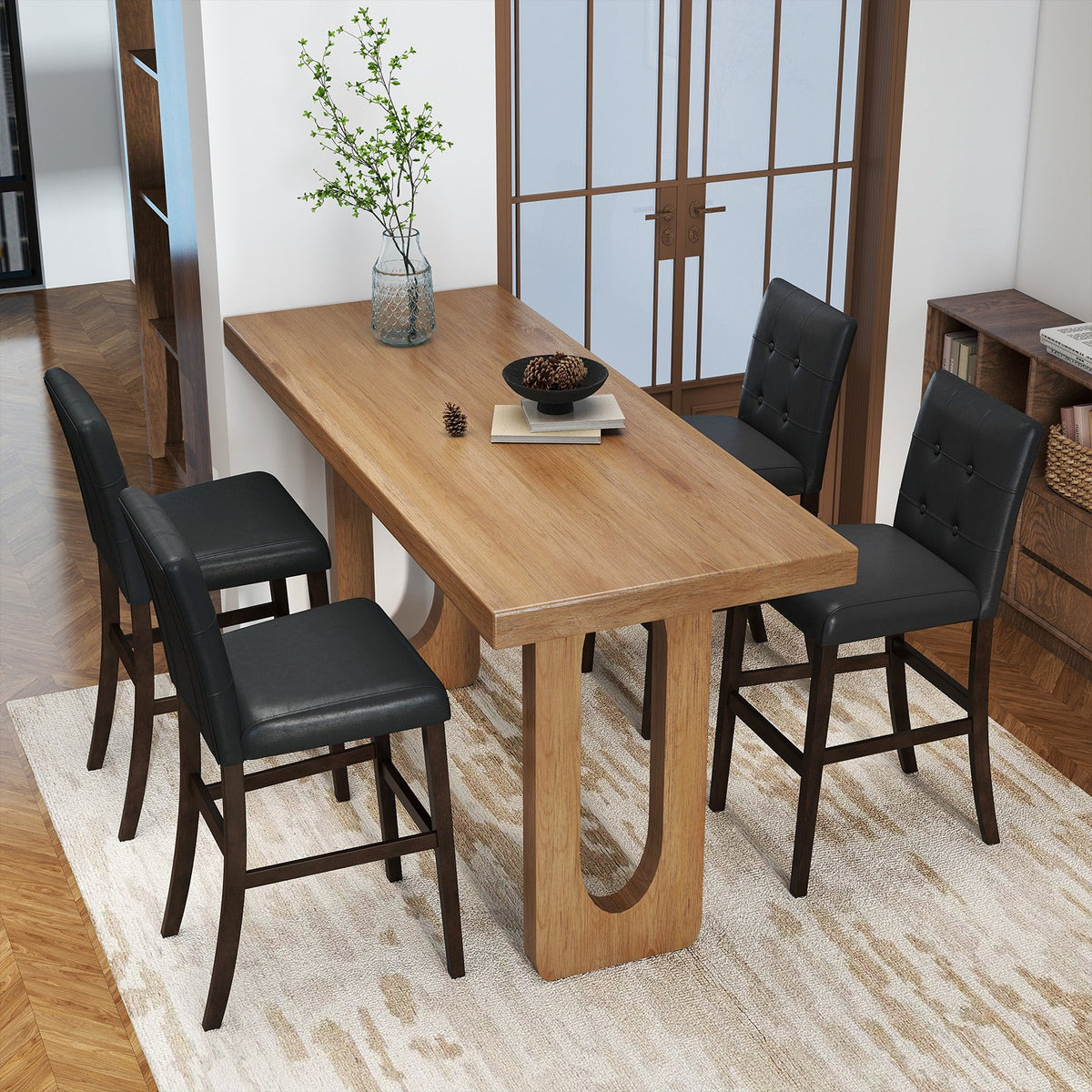 Set of 4 PVC Dining Leather Bar Stools with Solid Wood Legs-24 icnh view 5