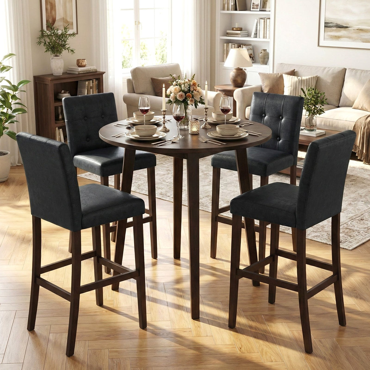 Set of 4 PVC Dining Leather Bar Stools with Solid Wood Legs-29 inch view 2