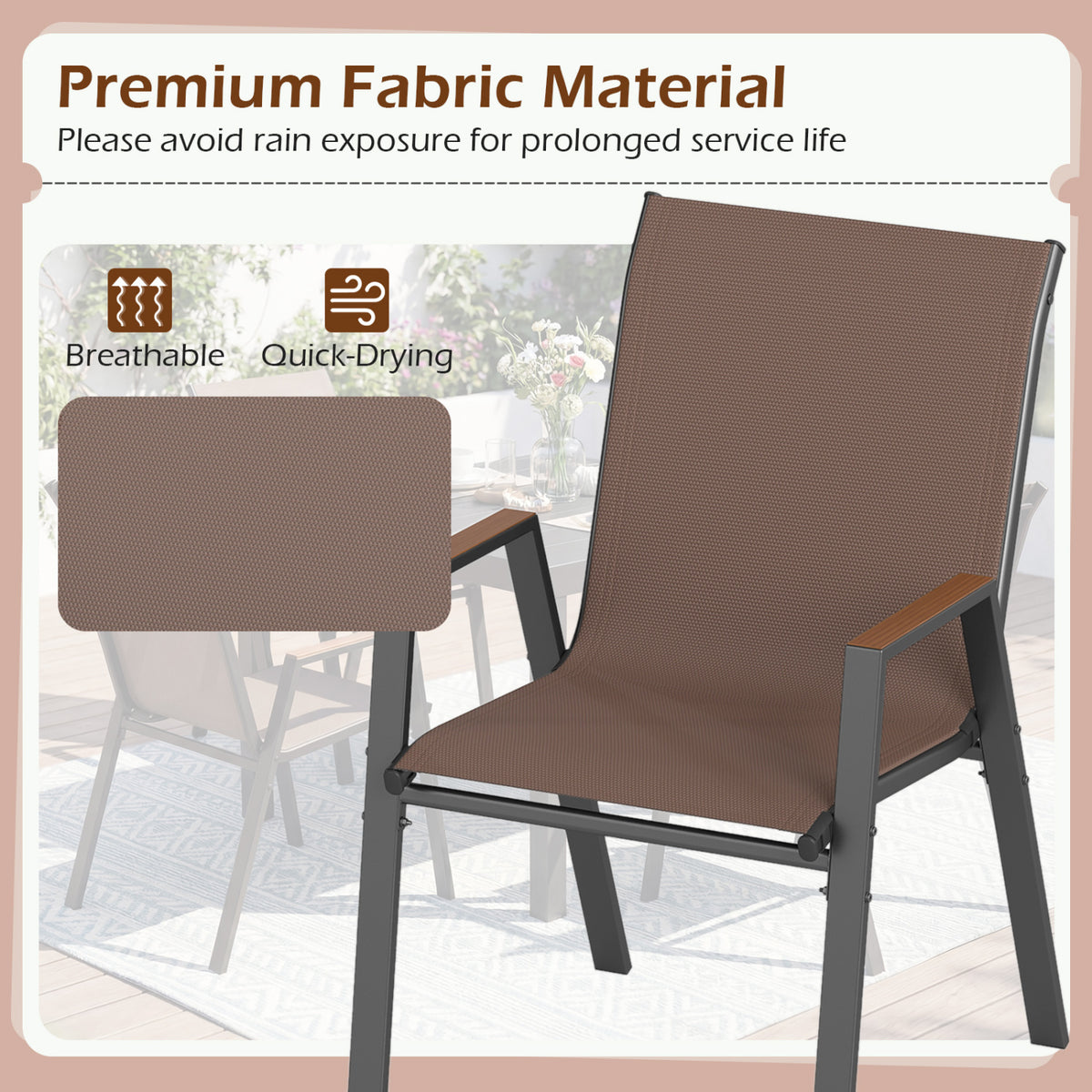 Set of 4 Stackable Patio Chairs with High Backs for Backyard 400 LBS-Brown view 4