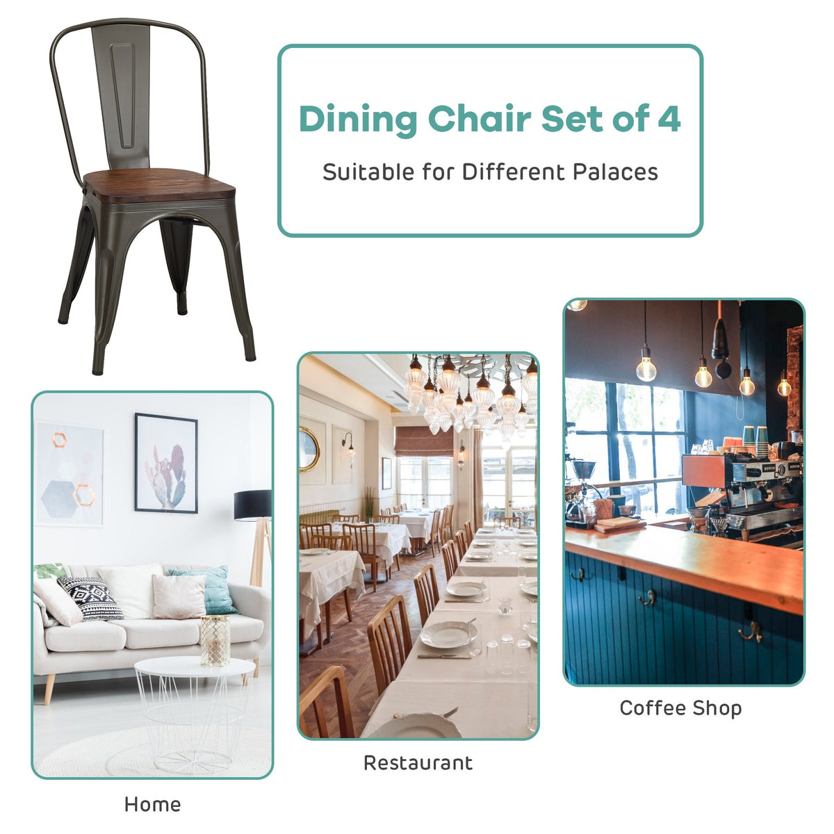 18 Inch Height Set of 4 Stackable Style Metal Wood Dining Chair-Dark Green view 5