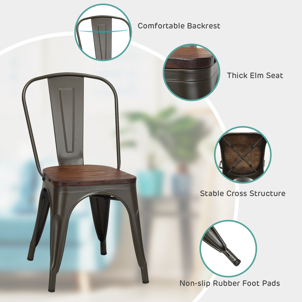 18 Inch Height Set of 4 Stackable Style Metal Wood Dining Chair-Dark Green view 6