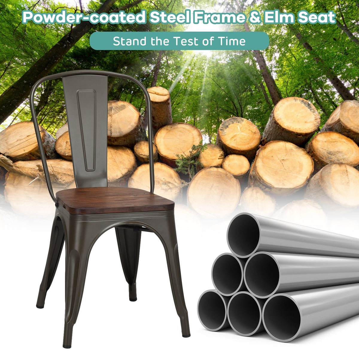 18 Inch Height Set of 4 Stackable Style Metal Wood Dining Chair-Dark Green view 7