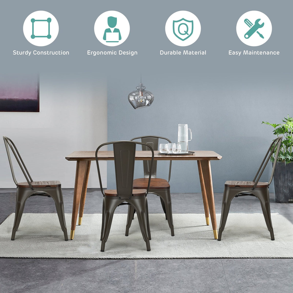 18 Inch Height Set of 4 Stackable Style Metal Wood Dining Chair-Dark Green view 8