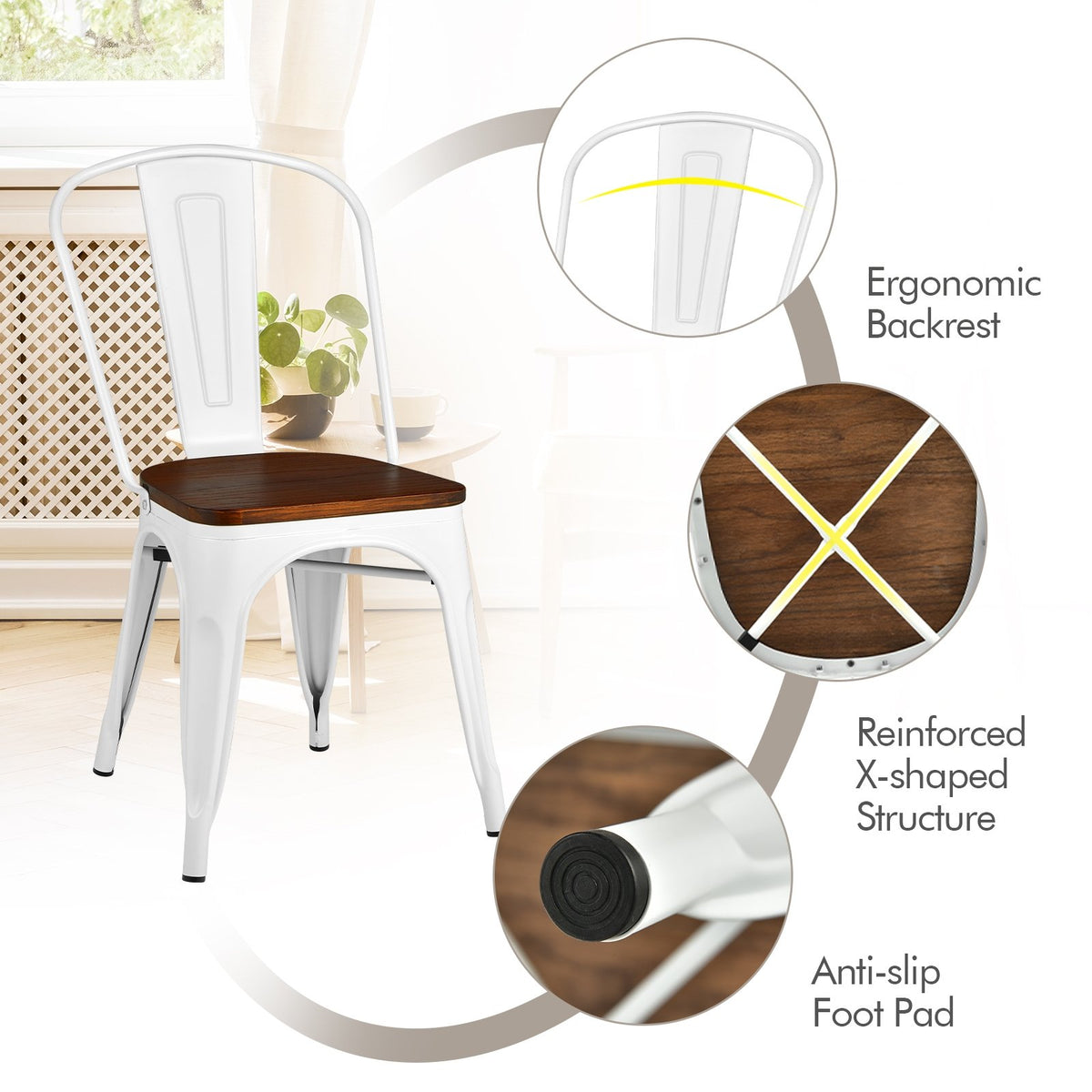 Set of 4 Tolix Style Metal Dining Wood Seat-White view 5