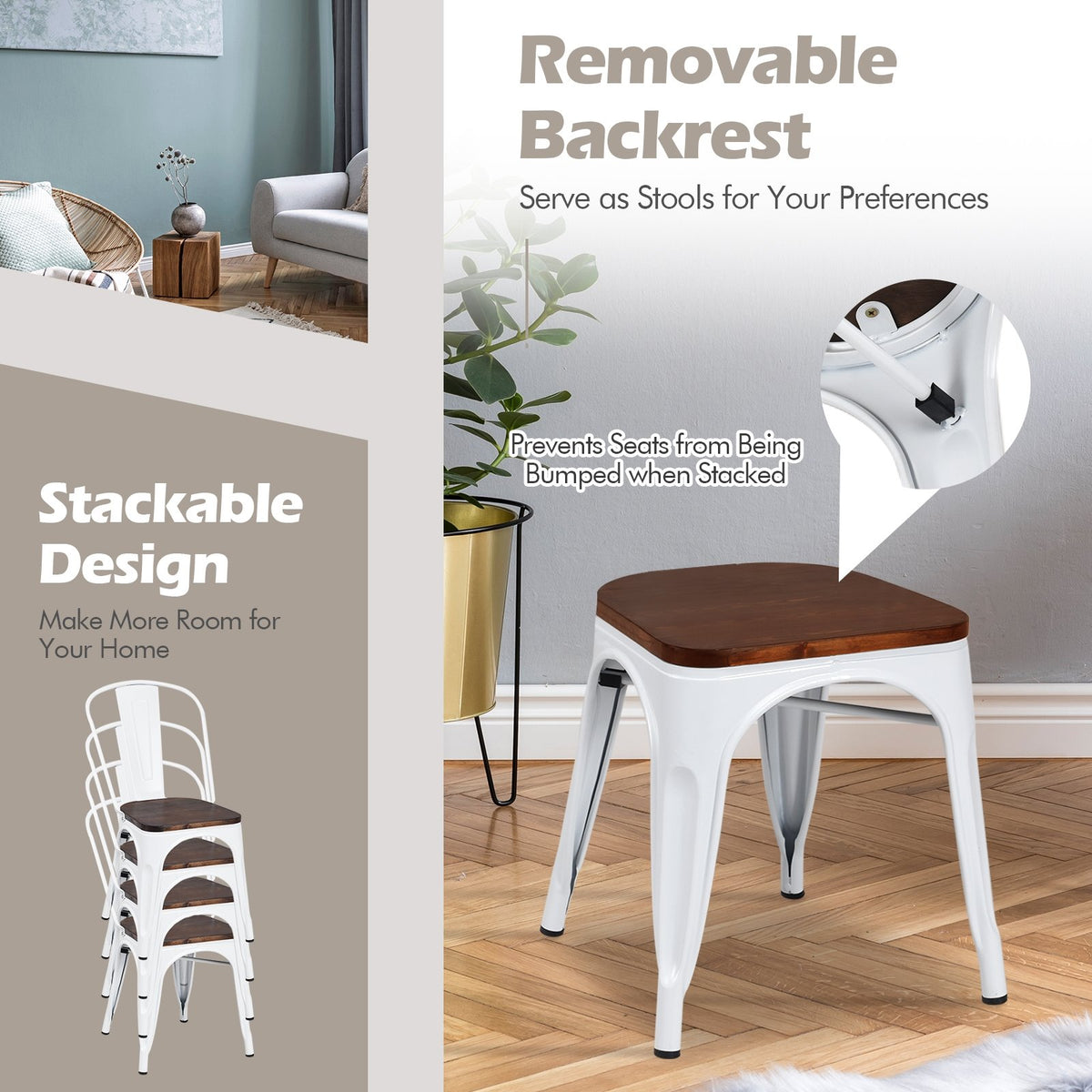 Set of 4 Tolix Style Metal Dining Wood Seat-White view 9