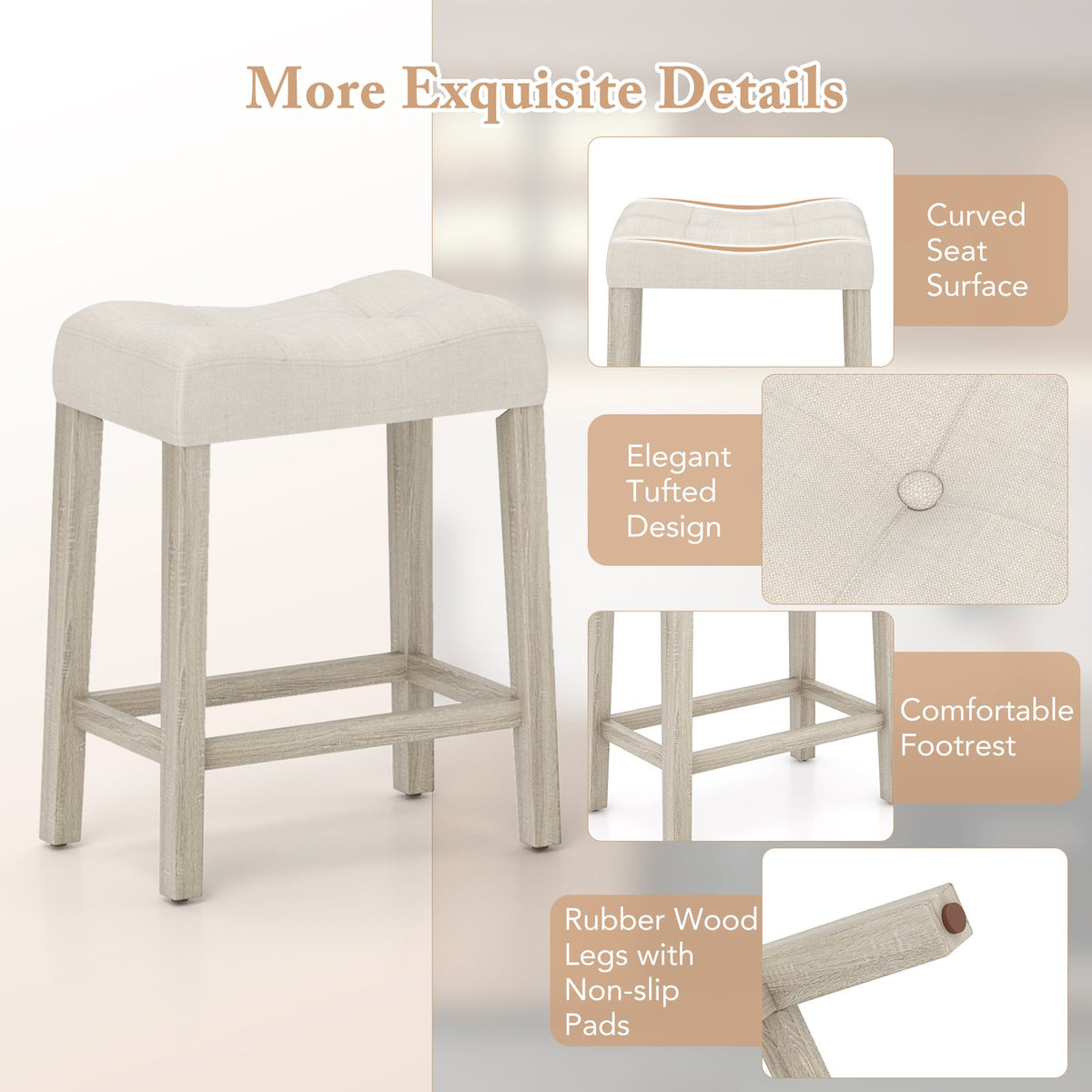 Set of 4 Upholstered Counter Height Bar Stool with Curved Saddle-Seat-Gray view 7