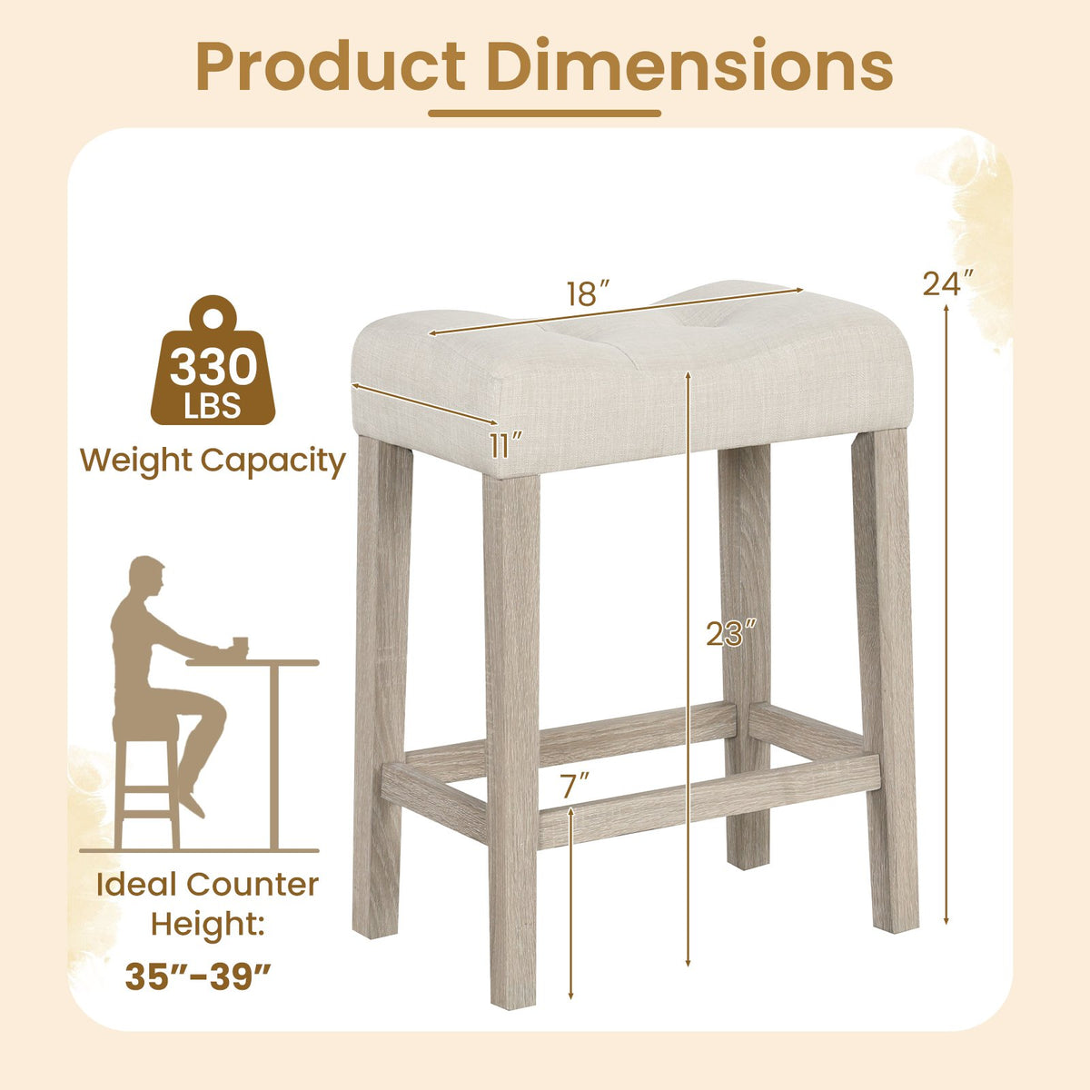 Set of 2 Upholstered Counter Height Bar Stool with Curved Saddle-Seat-Light Gray view 3