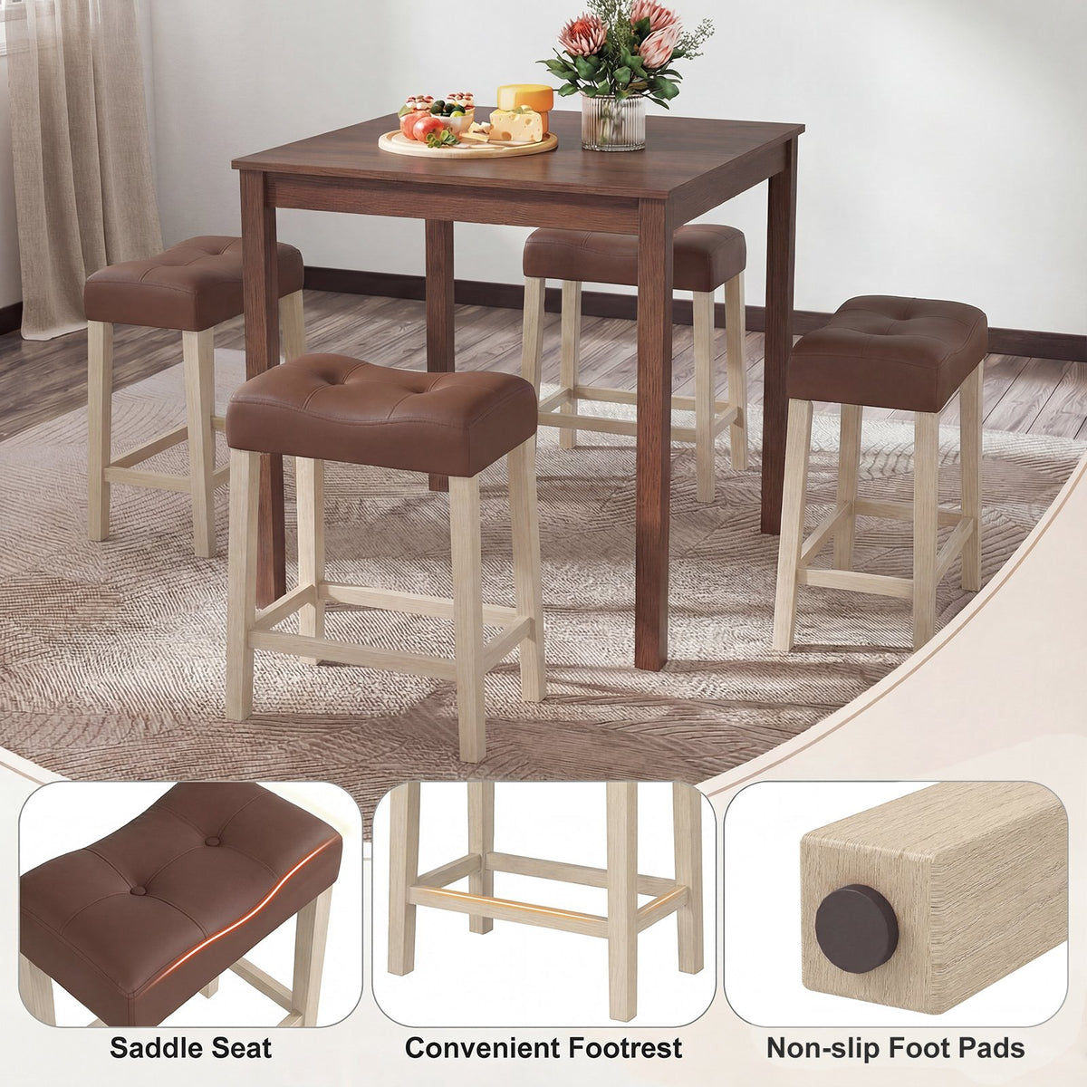 Set of 4 Upholstered Counter Height Bar Stool with Curved Saddle-Seat-Natural view 9