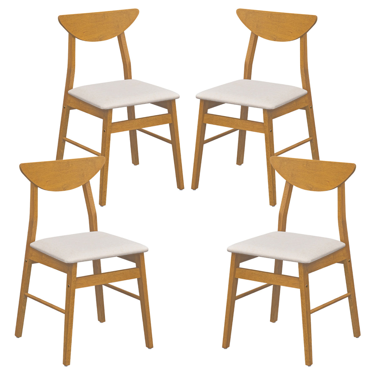 Set of 4 Upholstered Dining Chairs with Curved Backrest and Rubber Wood Frame-Natural