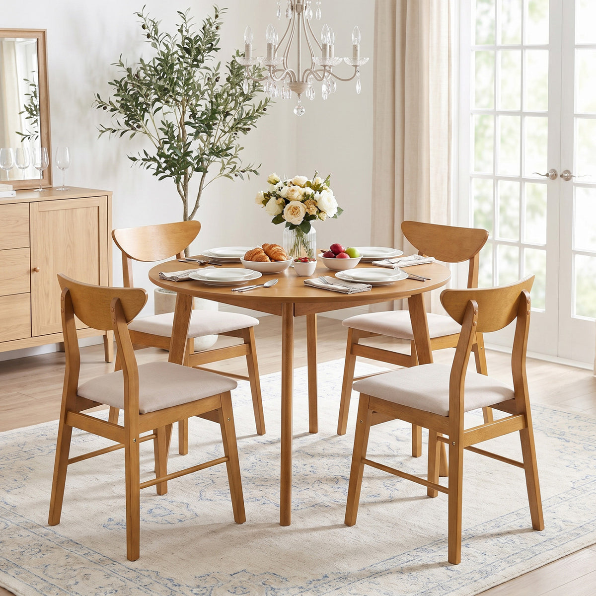 Set of 4 Upholstered Dining Chairs with Curved Backrest and Rubber Wood Frame-Natural view 2