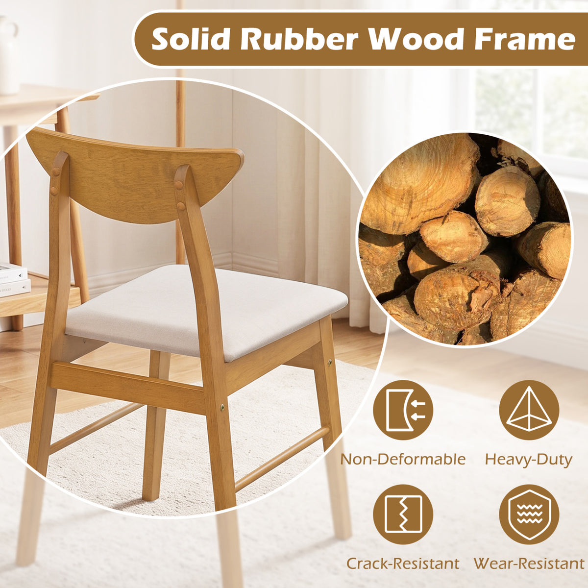 Set of 4 Upholstered Dining Chairs with Curved Backrest and Rubber Wood Frame-Natural view 8