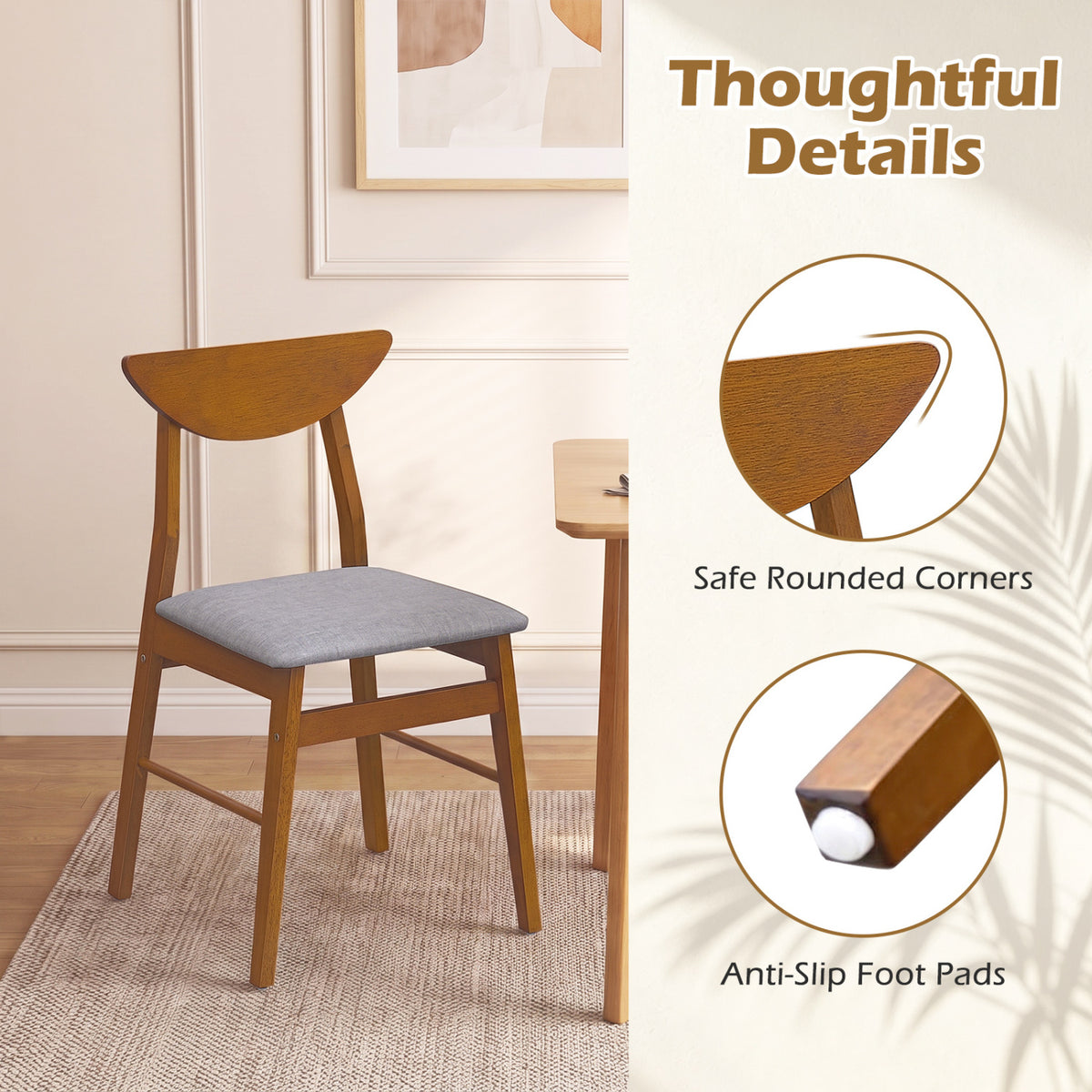Set of 4 Upholstered Dining Chairs with Curved Backrest and Rubber Wood Frame-Walnut view 5