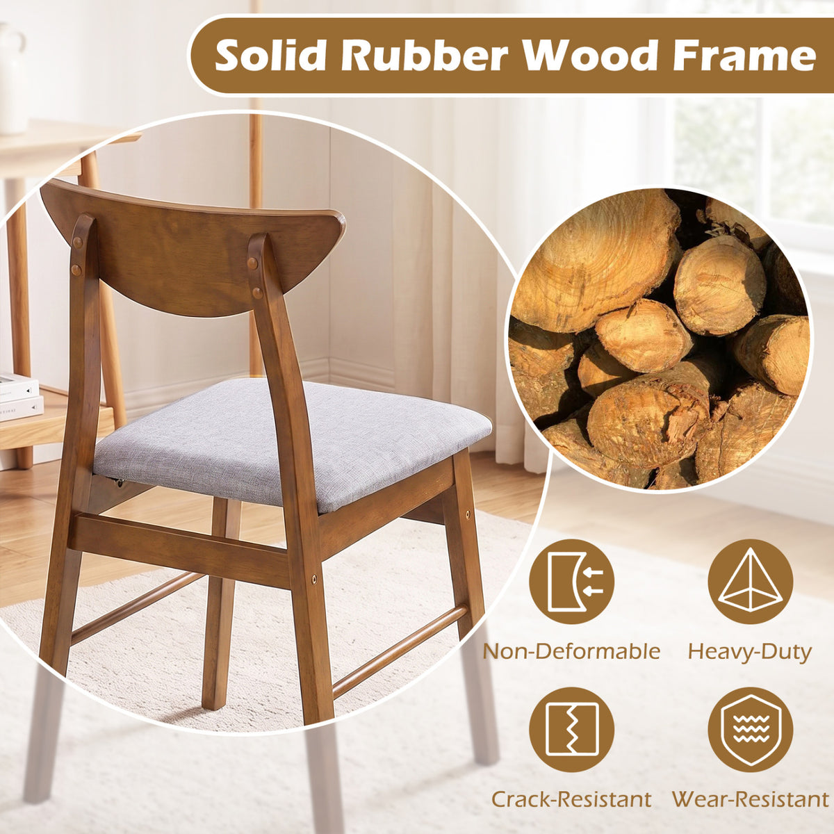 Set of 4 Upholstered Dining Chairs with Curved Backrest and Rubber Wood Frame-Walnut view 8