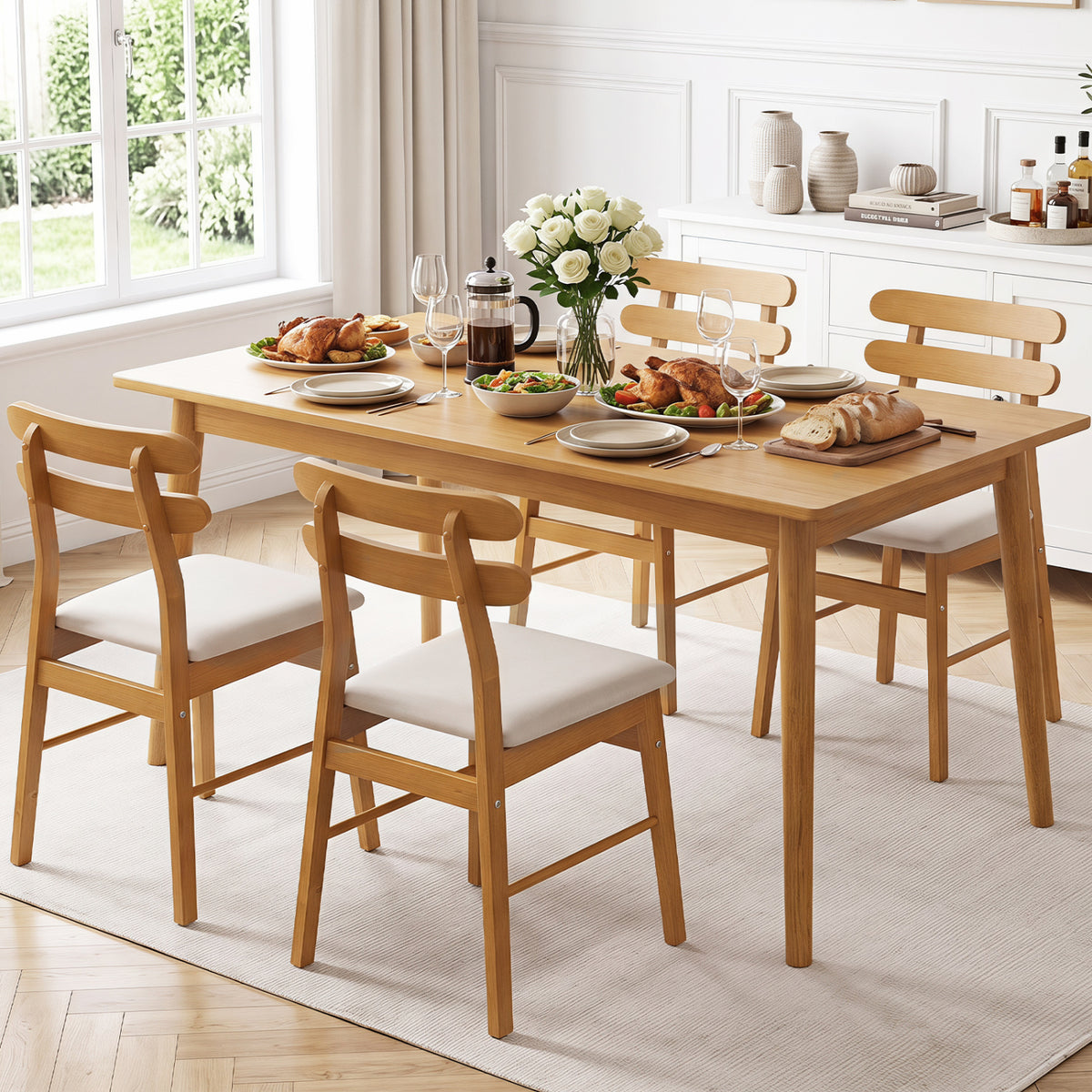 Set of 4 Upholstered Dining Chairs with Padded Seat and Solid Wood Legs-Natural view 2