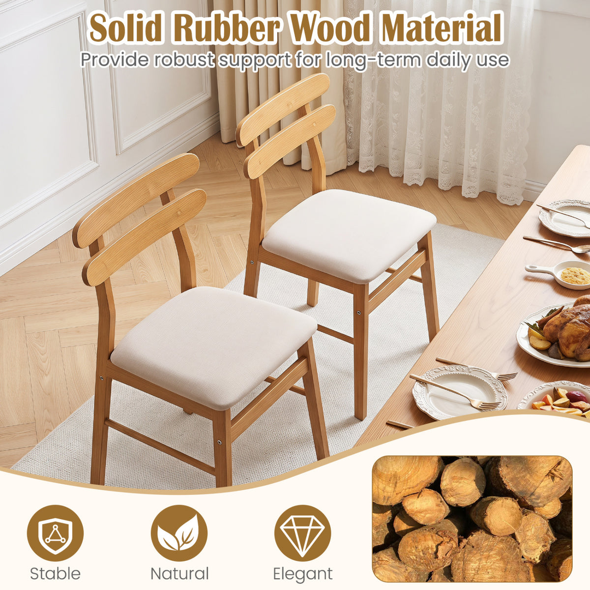 Set of 4 Upholstered Dining Chairs with Padded Seat and Solid Wood Legs-Natural view 4