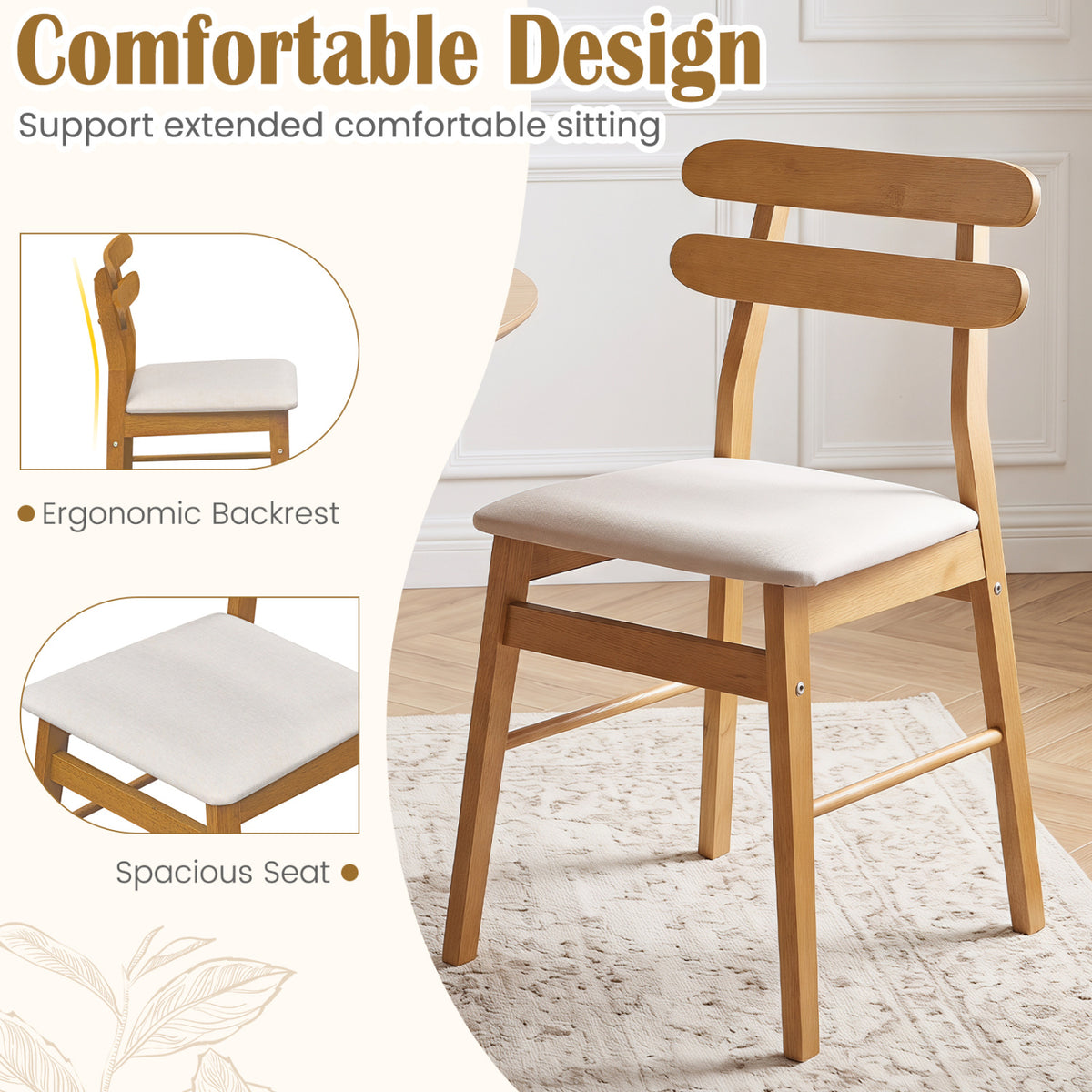 Set of 4 Upholstered Dining Chairs with Padded Seat and Solid Wood Legs-Natural view 6