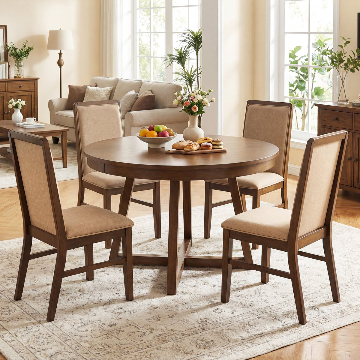 Set of 4 Upholstered Dining Chairs with Solid Rubber Wood Legs-Brown view 3