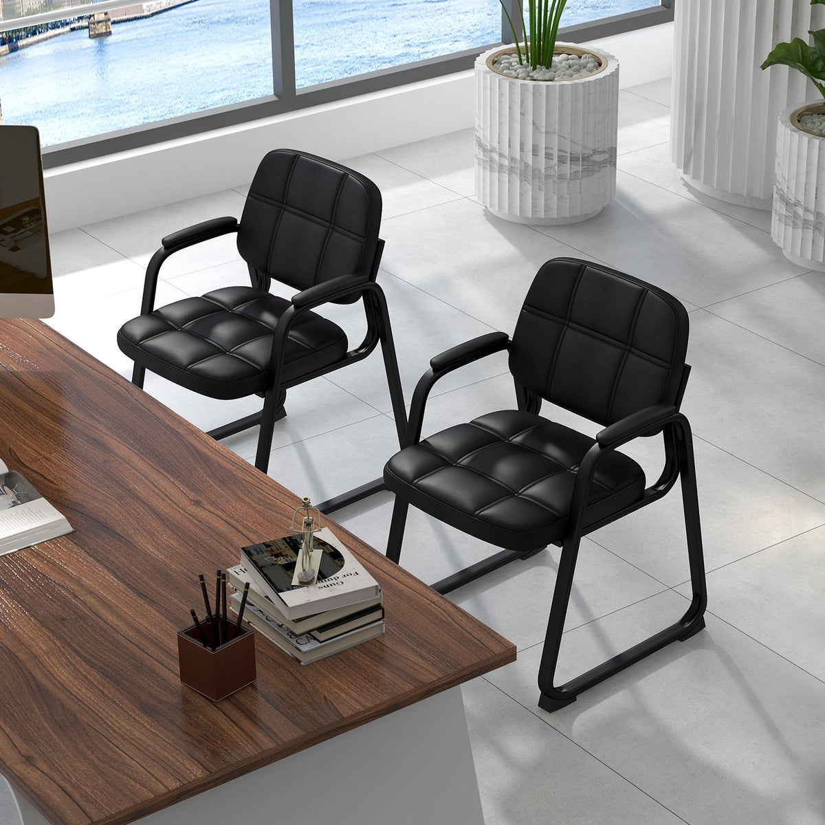 Set of 4 Upholstered Waiting Room Chair with Armrest and Ergonomic Backrest-Black view 2