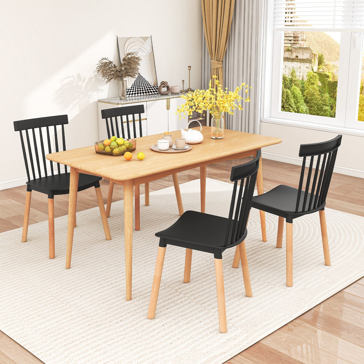 Set of 4 Windsor Dining Chairs with Spindle Backs and Curved Seats-Black view 2