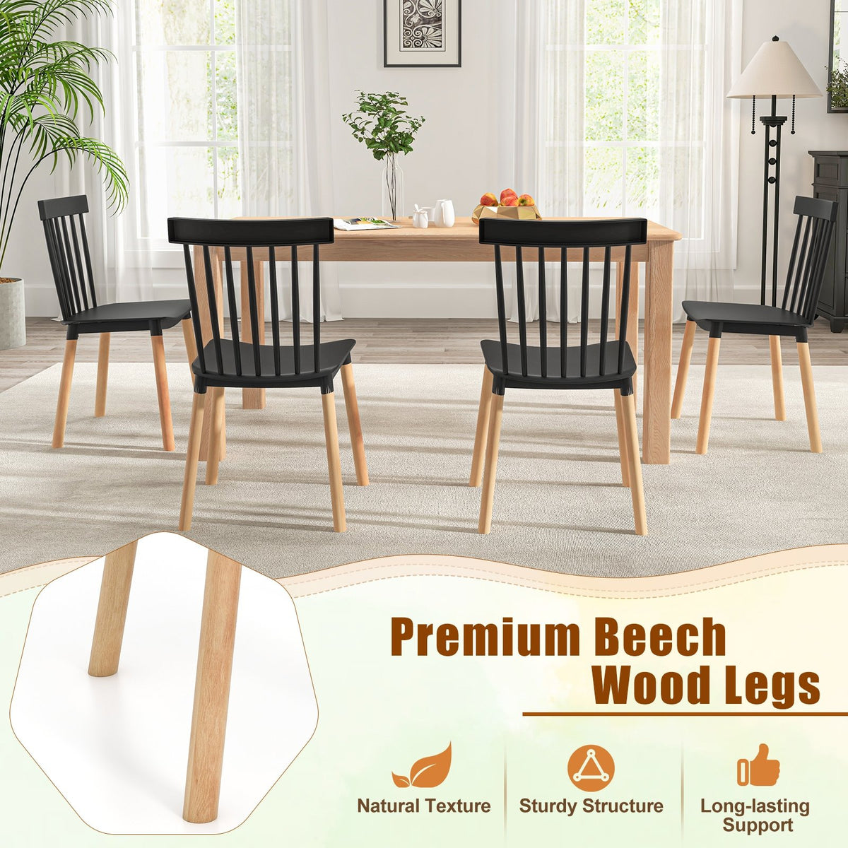 Set of 4 Windsor Dining Chairs with Spindle Backs and Curved Seats-Black view 6