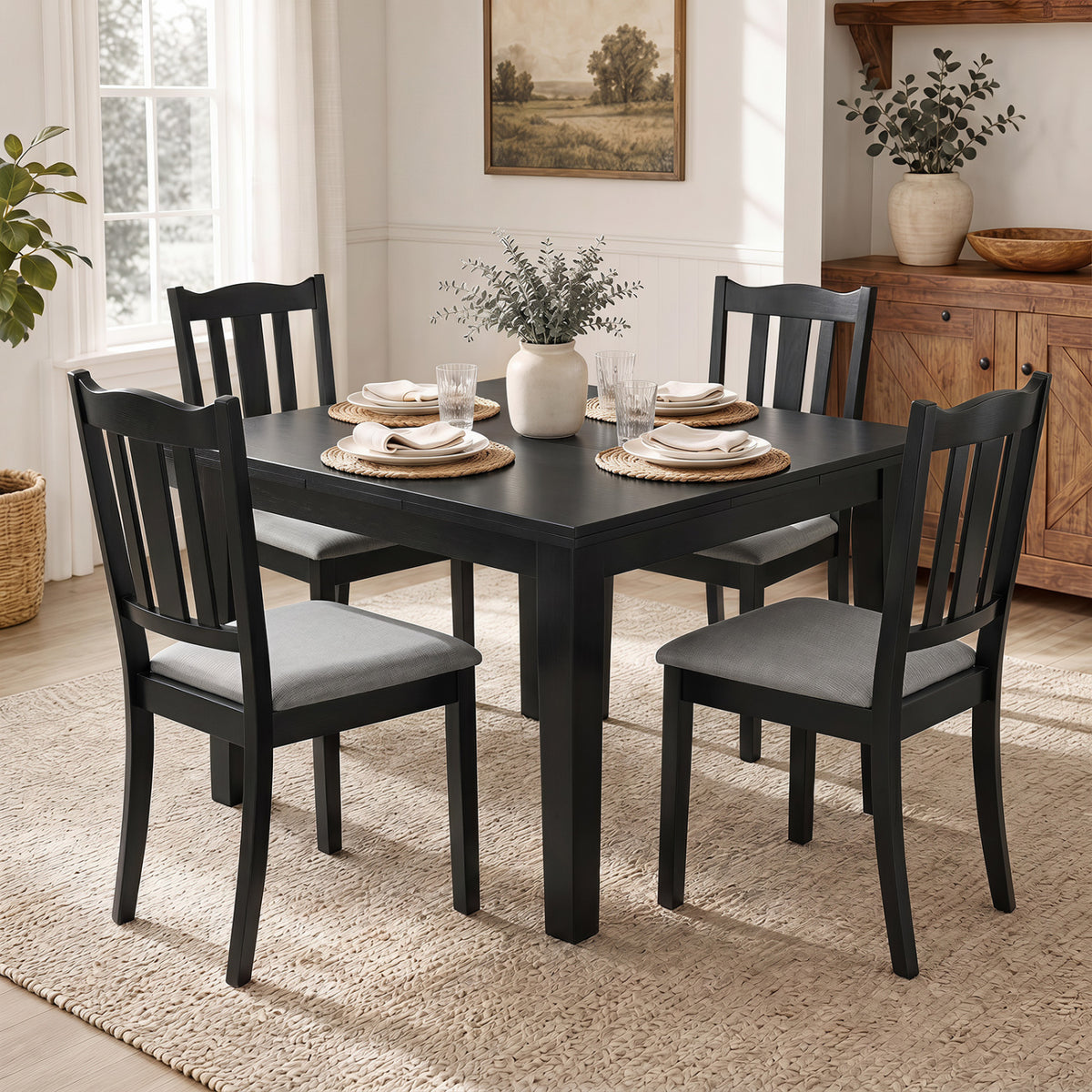 Set of 4 Wooden Dining Chair with Hollow Back and Soft-padded Cushion-Black view 3