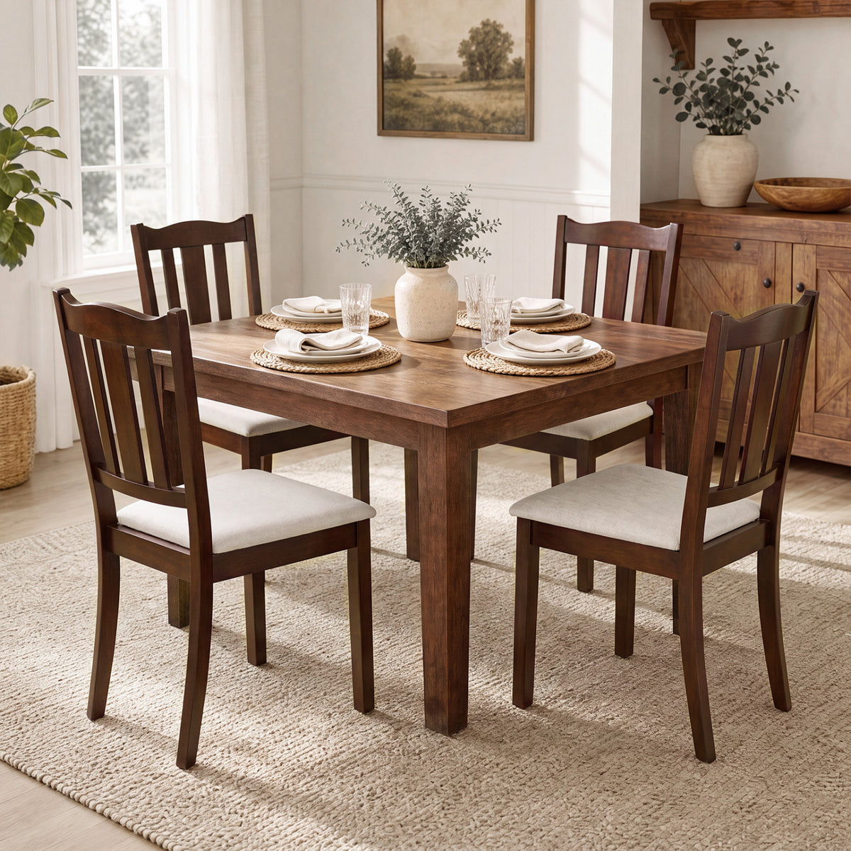 Set of 4 Wooden Dining Chair with Hollow Back and Soft-padded Cushion-Walnut view 3