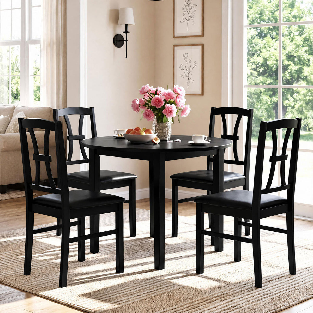 Set of 4 Wooden Dining Chairs with Faux Leather Padded Seat for Kitchen-Black view 2