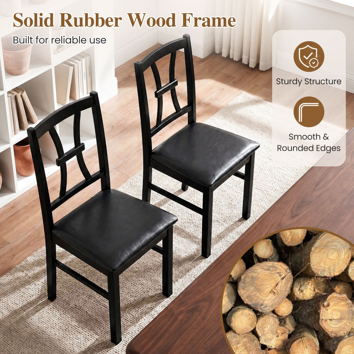 Set of 4 Wooden Dining Chairs with Faux Leather Padded Seat for Kitchen-Black view 6