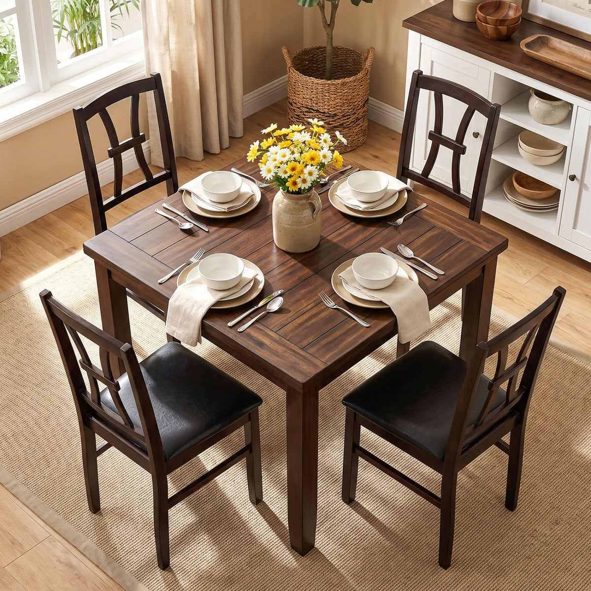 Set of 4 Wooden Dining Chairs with Faux Leather Padded Seat for Kitchen-Brown view 3