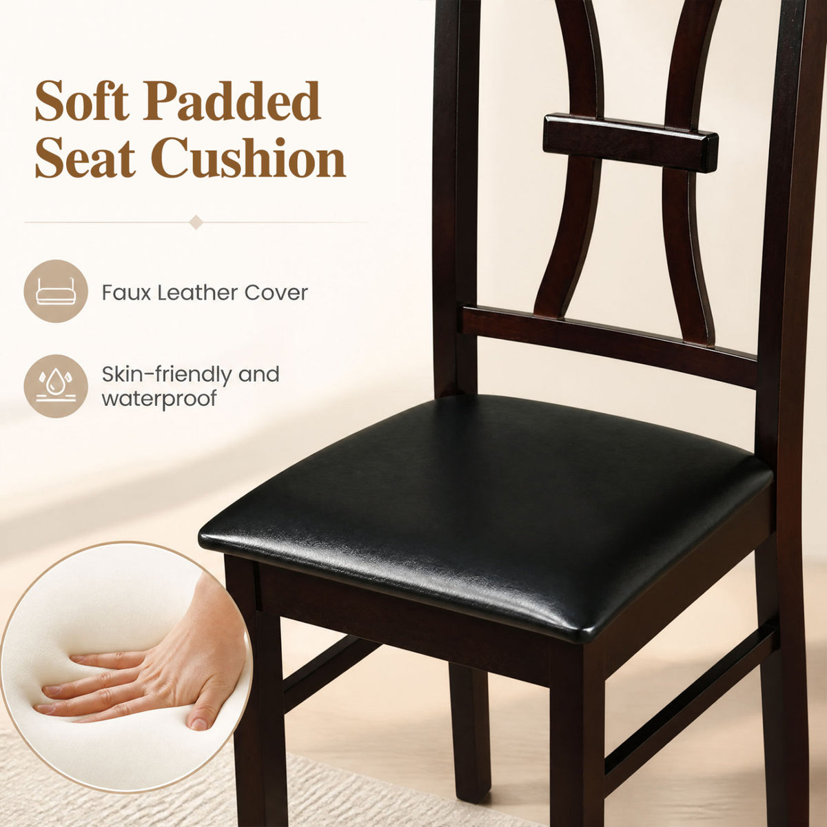Set of 4 Wooden Dining Chairs with Faux Leather Padded Seat for Kitchen-Brown view 7