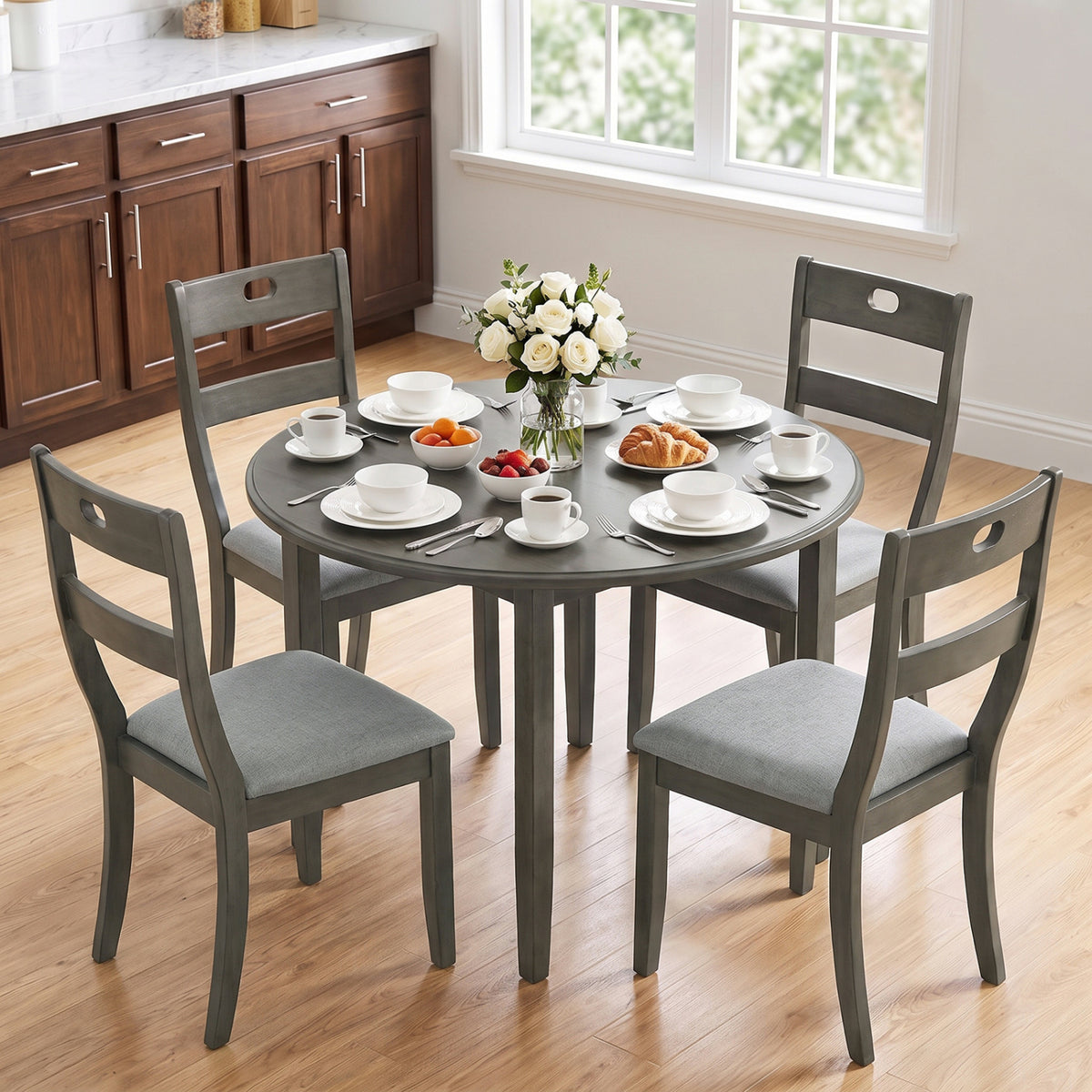 Set of 4 Wooden Dining Chairs with Padded Seats and Rubber Wood Frame-Gray view 2