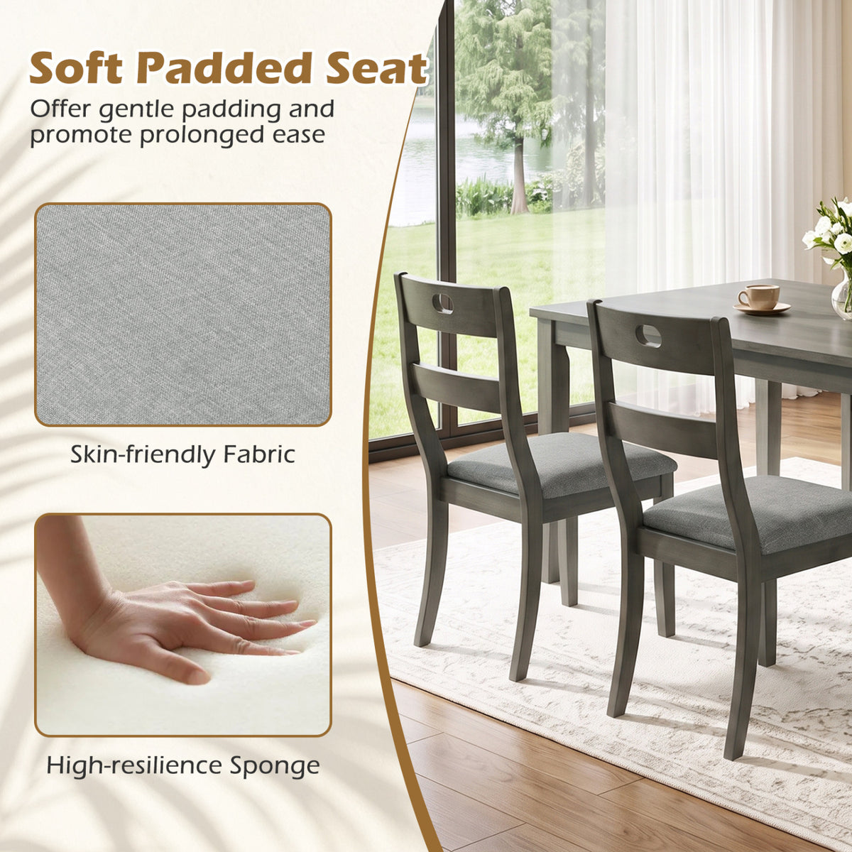 Set of 4 Wooden Dining Chairs with Padded Seats and Rubber Wood Frame-Gray view 6