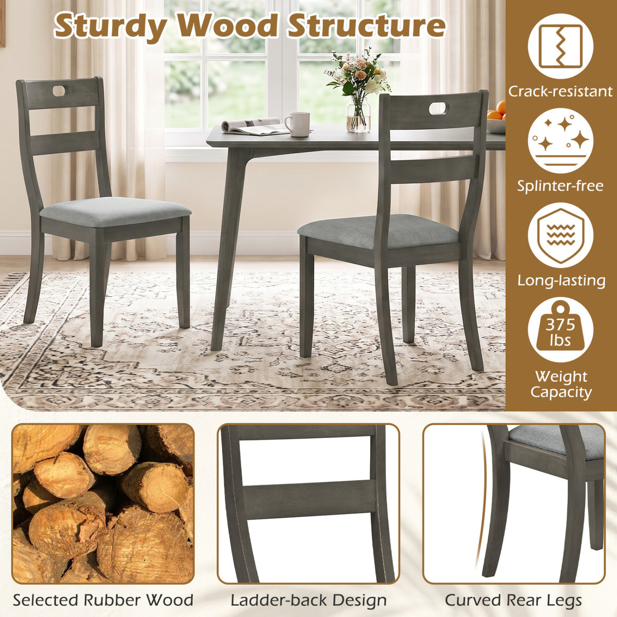 Set of 4 Wooden Dining Chairs with Padded Seats and Rubber Wood Frame-Gray view 7