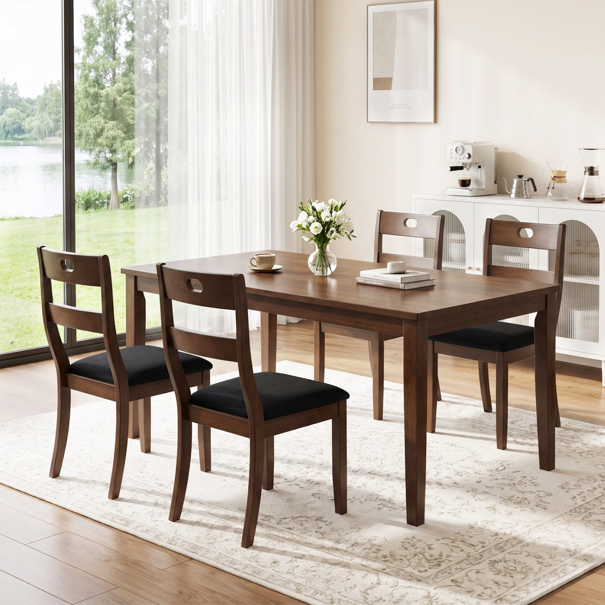Set of 4 Wooden Dining Chairs with Padded Seats and Rubber Wood Frame-Walnut view 3