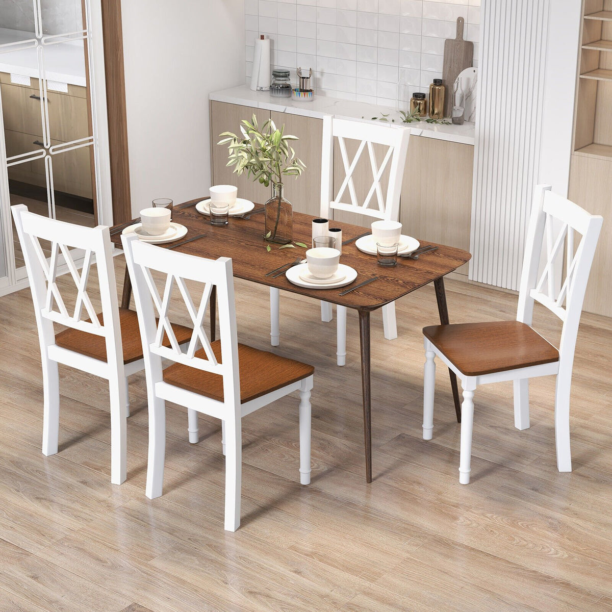 Set of 4 Wooden Farmhouse Kitchen Chairs with Rubber Wood Seat view 3
