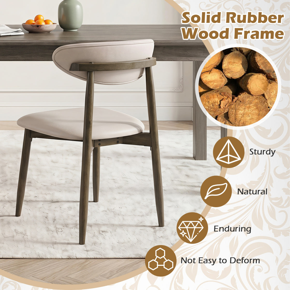 Set of 4 Wooden Modern Upholstered Dining Chairs with Curved Backrest-Beige view 5
