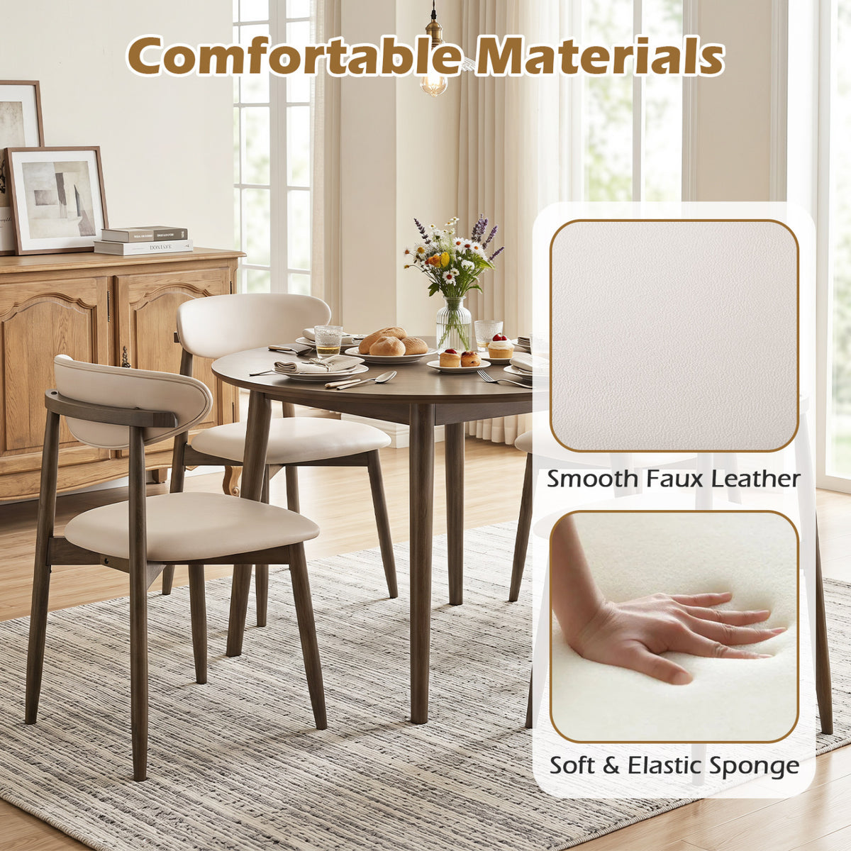 Set of 4 Wooden Modern Upholstered Dining Chairs with Curved Backrest-Beige view 6