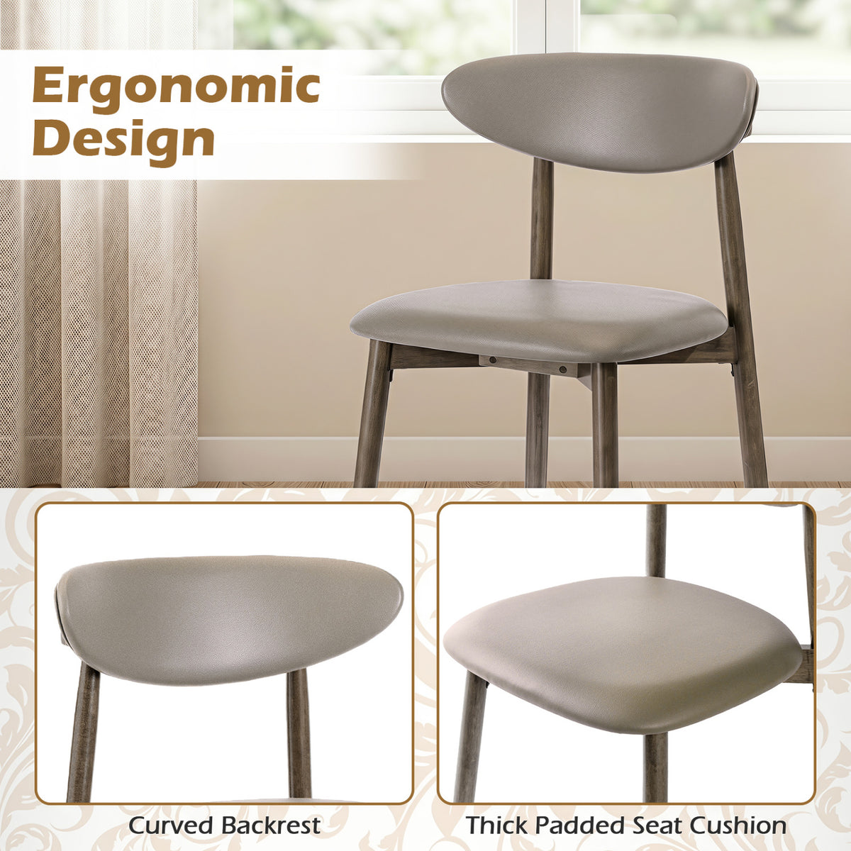 Set of 4 Wooden Modern Upholstered Dining Chairs with Curved Backrest-Gray view 7
