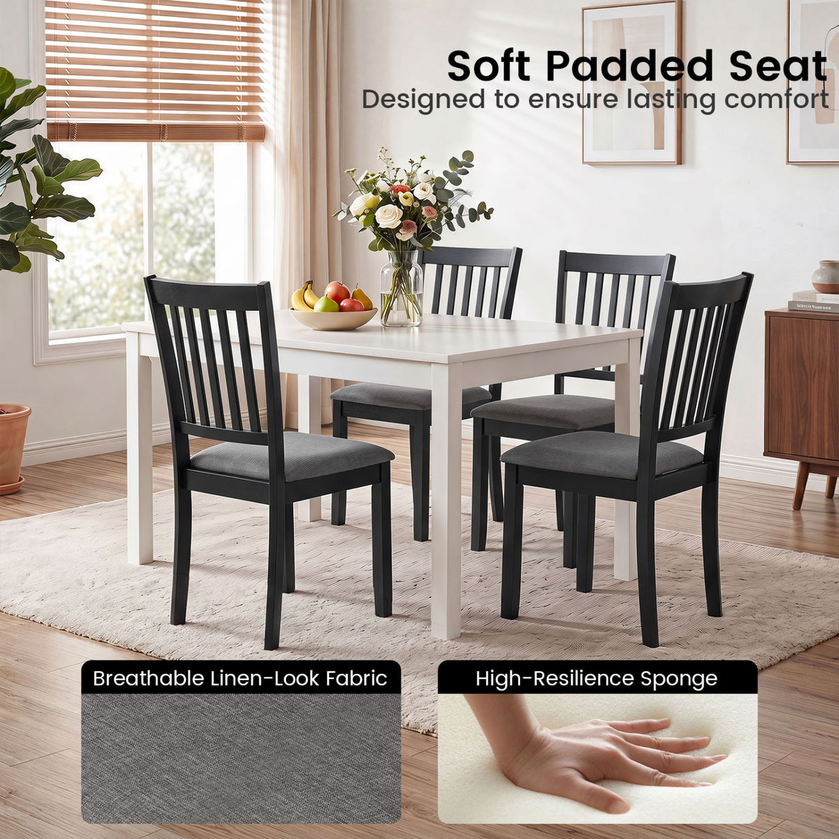 Set of 4 Wooden Upholstered Dining Chairs with Rubber Wood Frame-Black view 7