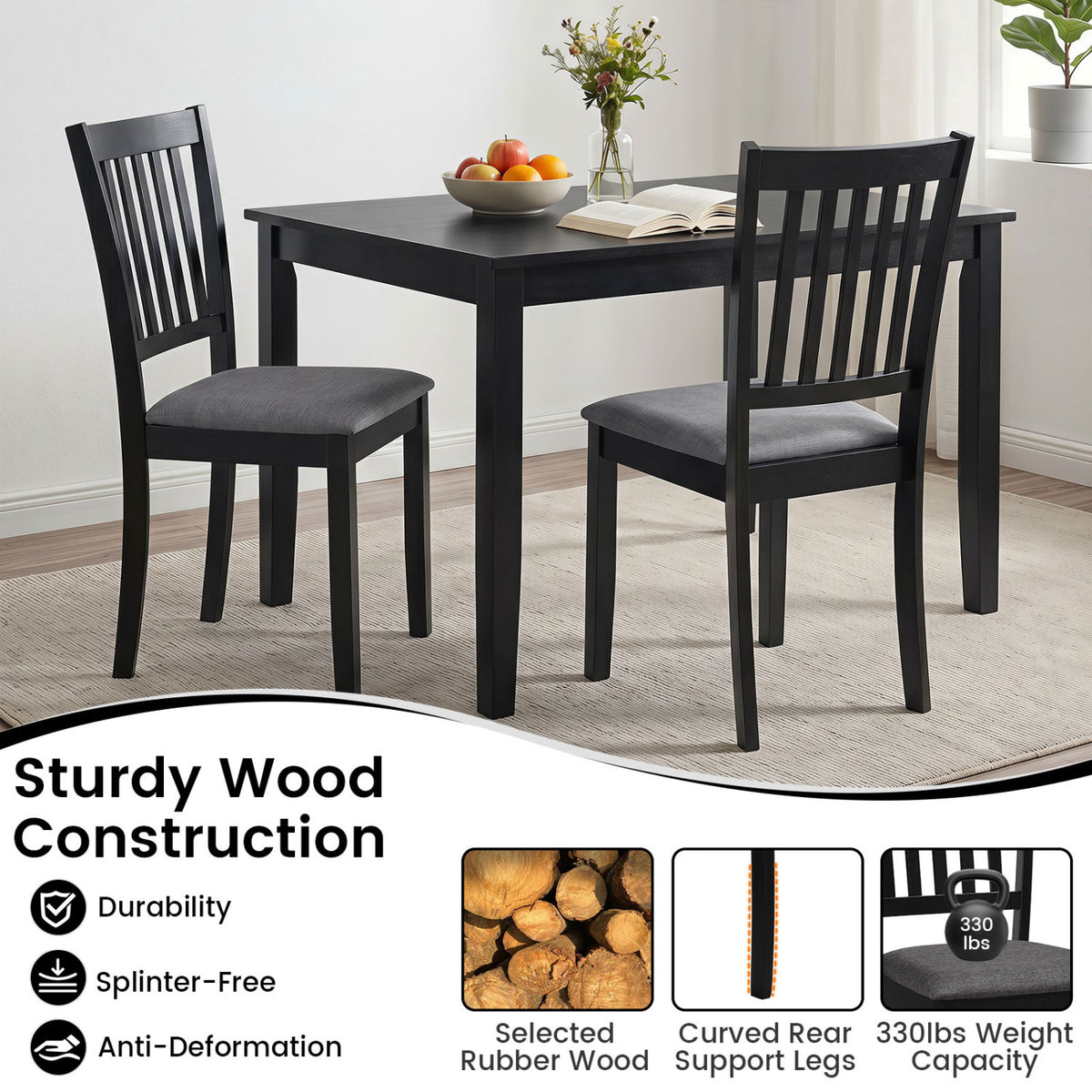 Set of 4 Wooden Upholstered Dining Chairs with Rubber Wood Frame-Black view 8